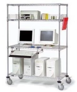 Global Equipment Nexel 4-Shelf Mobile Wire Computer LAN Workstation w/Keyboard Tray, 36"W x 18"D x 69"H, Chrome