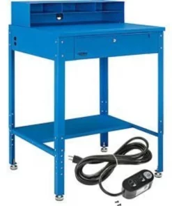 Global Equipment Flat Surfaced Shop Desk w/ Riser Outlets, 34-1/2"W x 30"D, Blue