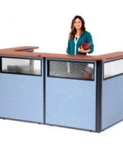 Global Equipment Interion U-Shaped Reception Station w/Window 88" W x 44"D x 44"H Cherry Counter Blue Panel
