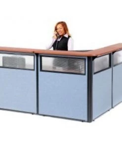 Global Equipment Interion L-Shaped Reception Station w/Window 80"W x 80"D x 44"H Cherry Counter Blue Panel