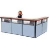 Global Equipment Interion L-Shaped Reception Station w/Window 116"W x 80"D x 44"H Cherry Counter Blue Panel