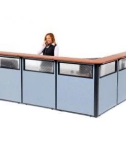 Global Equipment Interion L-Shaped Reception Station w/Window 116"W x 80"D x 44"H Cherry Counter Blue Panel