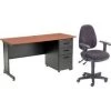 Global Equipment Interion Office Desk and Fabric Chair Bundle with 3 Drawer Pedestal - 60" x 24" - Cherry