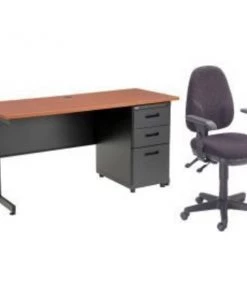 Global Equipment Interion Office Desk and Fabric Chair Bundle with 3 Drawer Pedestal - 60" x 24" - Cherry