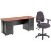 Global Equipment Interion Office Desk and Fabric Chair Bundle with 3 Drawer Pedestals - 72" x 24" - Cherry