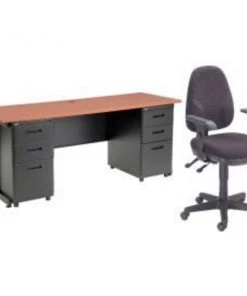 Global Equipment Interion Office Desk and Fabric Chair Bundle with 3 Drawer Pedestals - 72" x 24" - Cherry