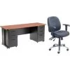 Global Equipment Interion Office Desk and Leather Chair Bundle with 3 Drawer Pedestals - 72" x 24" - Cherry