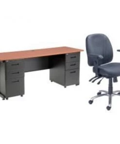 Global Equipment Interion Office Desk and Leather Chair Bundle with 3 Drawer Pedestals - 72" x 24" - Cherry