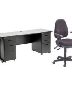 Global Equipment Interion Office Desk and Fabric Chair Bundle with 3 Drawer Pedestals - 72" x 24" - Gray