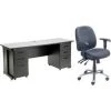 Global Equipment Interion Office Desk and Leather Chair Bundle with 3 Drawer Pedestals - 72" x 24" - Gray