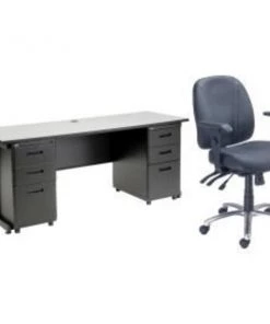Global Equipment Interion Office Desk and Leather Chair Bundle with 3 Drawer Pedestals - 72" x 24" - Gray