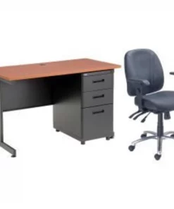 Global Equipment Interion Office Desk and Leather Chair Bundle with 3 Drawer Pedestal - 48" x 24" - Cherry