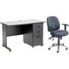 Global Equipment Interion Office Desk and Leather Chair Bundle with 3 Drawer Pedestal - 48" x 24" - Gray