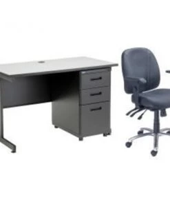 Global Equipment Interion Office Desk and Leather Chair Bundle with 3 Drawer Pedestal - 48" x 24" - Gray