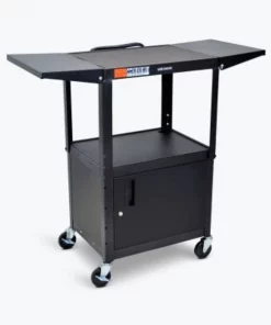 Luxor Corp Luxor Adjustable-Height Steel AV Cart with Cabinet and Drop Leaf, Black, 24"W x 18"D x 24" to 42"H