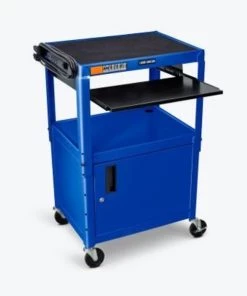 Luxor Corp Luxor Adjustable-Height Steel AV Cart with Pullout Keyboard Tray and Cabinet, Blue, 24" to 42"H