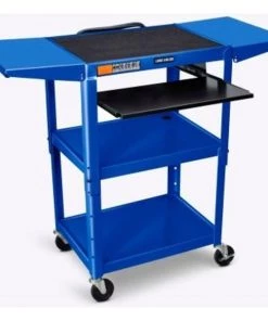 Luxor Corp Luxor Adjustable-Height Steel AV Cart with Pullout Keyboard Tray and Drop Leaf, Blue, 24" to 42"H