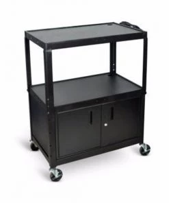 Luxor Corp Luxor Extra Large Adj Height Steel AV Cart w/ Cabinet, 3 Shelves, Blk, Electric, 24" to 42"H