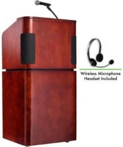 National Public Seating Oklahoma Sound Tabletop-Base Combo Podium / Lectern w / Headset Wireless Mic, Mahogany / Walnut