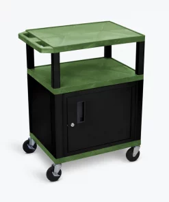 Luxor Tuffy Green 3 Shelf AV Cart with Black Legs, Cabinet & Electric