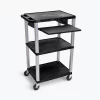 Luxor Tuffy Black 42" 3 Shelf Cart with Black Pull Out Shelf & Nickel Legs