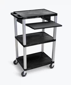 Luxor Tuffy Black 42" 3 Shelf Cart with Black Pull Out Shelf & Nickel Legs