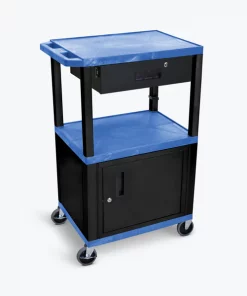 Luxor 42"H AV Cart, 3 Shelves, Cab, Drawer, Black Leg