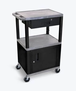 Luxor 42"H AV Cart, 3 Shelves, Cab, Drawer, Black Leg