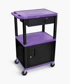 Luxor 42"H AV Cart, 3 Shelves, Cab, Drawer, Black Leg