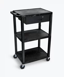 Luxor 42"H AV Cart, 3 Shelves, Drawer, Black Leg
