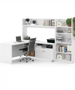 Bestar Pro-Linea L-Desk With Bookcase, White