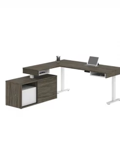 Bestar Pro-Vega Height Adjustable L-Desk, Walnut Grey/White