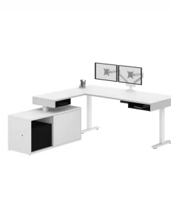 Bestar Pro-Vega Height Adjustable L-Desk, Dual Monitor Arm, White/Black