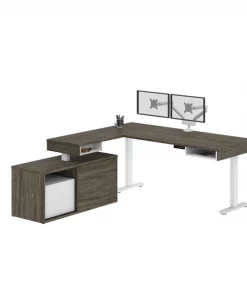Bestar Pro-Vega Height Adjustable L-Desk, Dual Monitor Arm, Walnut Grey/White