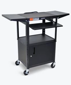Luxor Adjust-Height Steel AV Cart, Pullout Keyboard Tray, Cabinet, Drop Leaf