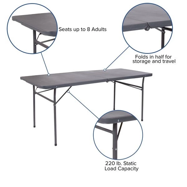 Flash Furniture Rectangle Folding Table, 30" W, 72" L, 29" H, Plastic Top, Grey - Image 10