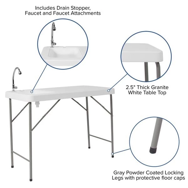 Flash Furniture Rectangle Folding Table w/Sink, 23"x45", Plastc, Wht, 23" W, 45" L, 34" H, Plastic Top, White - Image 7