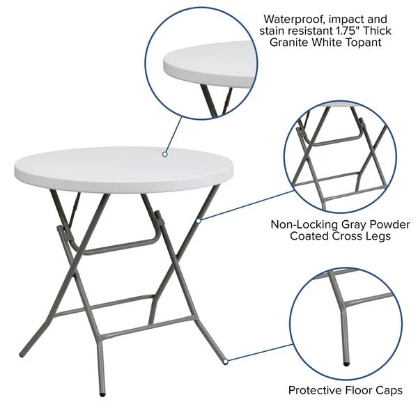 Flash Furniture Round Wh 32Rnd Plastic Fold Table, 31.5" W, 31.5" L, 30" H, Plastic Top, White - Image 7