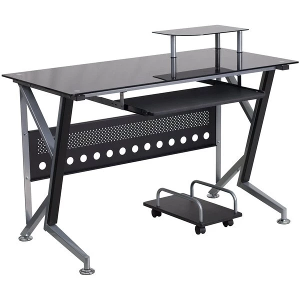Flash Furniture Computer Desk, 23-3/4" to 28-1/2" D, 47-1/4" W, 30-1/4" H, Black Top/Silver Frame, Glass - Image 2
