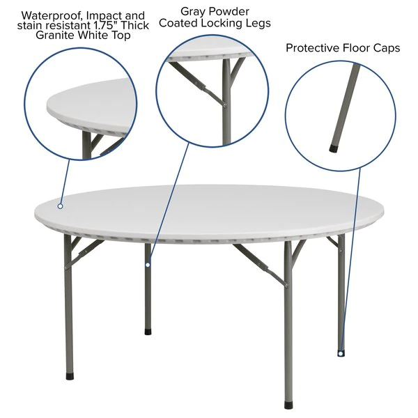 Flash Furniture Round Folding Table, 60" W, 60" L, 29" H, Plastic Top, White - Image 3