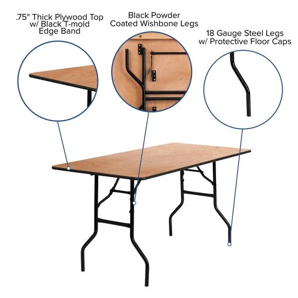 Flash Furniture Rectangle Folding Table, 30" W, 60" L, 30.25" H, Wood Top, Wood Grain - Image 3