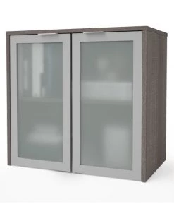 Bestar Hutch with Frosted Glass Door, 18.2" D, 30.1" W, 28.3" H, Bark Gray