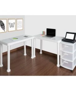 Plasticos Mq Multi-Desk Set w/Rolling Storage Cart in White