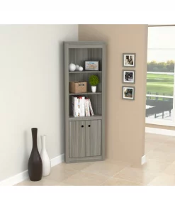 Inval Corner Bookshelf Wall Unit 70.02 in. H 5-shelf with Closed Storage in Smoke Oak