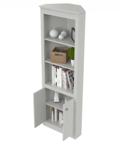 Inval Corner Bookshelf 70.02 in. H 5-shelf with Double Door Storage in Washed Oak