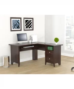 Inval Computer Writing Desk 53.1 in.W Espresso L-Shaped 2 -Drawer with Keyboard Tray