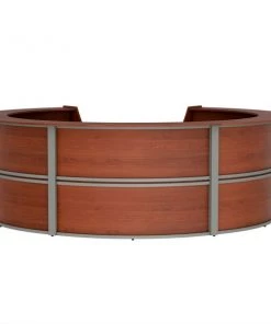 Linea Italia Curved Reception Desk with Counter, 5 Units, 142”W x 133”D, Cherry