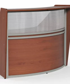 Linea Italia Curved Reception Desk with Counter, Clear Panel, 72”W x 32”D, Cherry