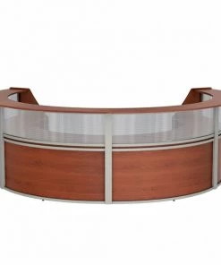 Linea Italia Curved Reception Desk 4 Units, Clear Panel, 142”W x 107”D, Cherry