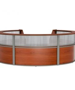 Linea Italia Curved Reception Desk 5 Units, Clear Panel, 142”W x 133”D, Cherry